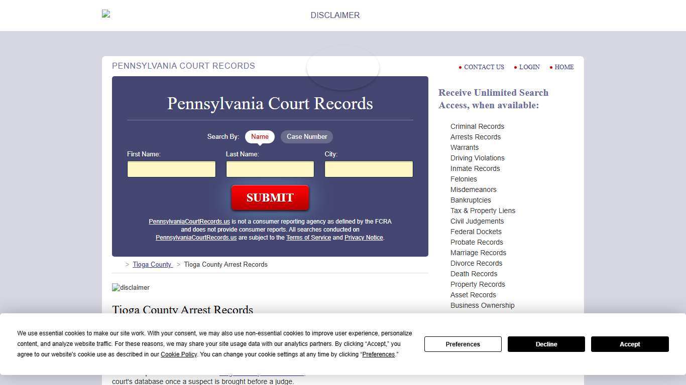 Tioga County Arrest Records PennsylvaniaCourtRecords.us