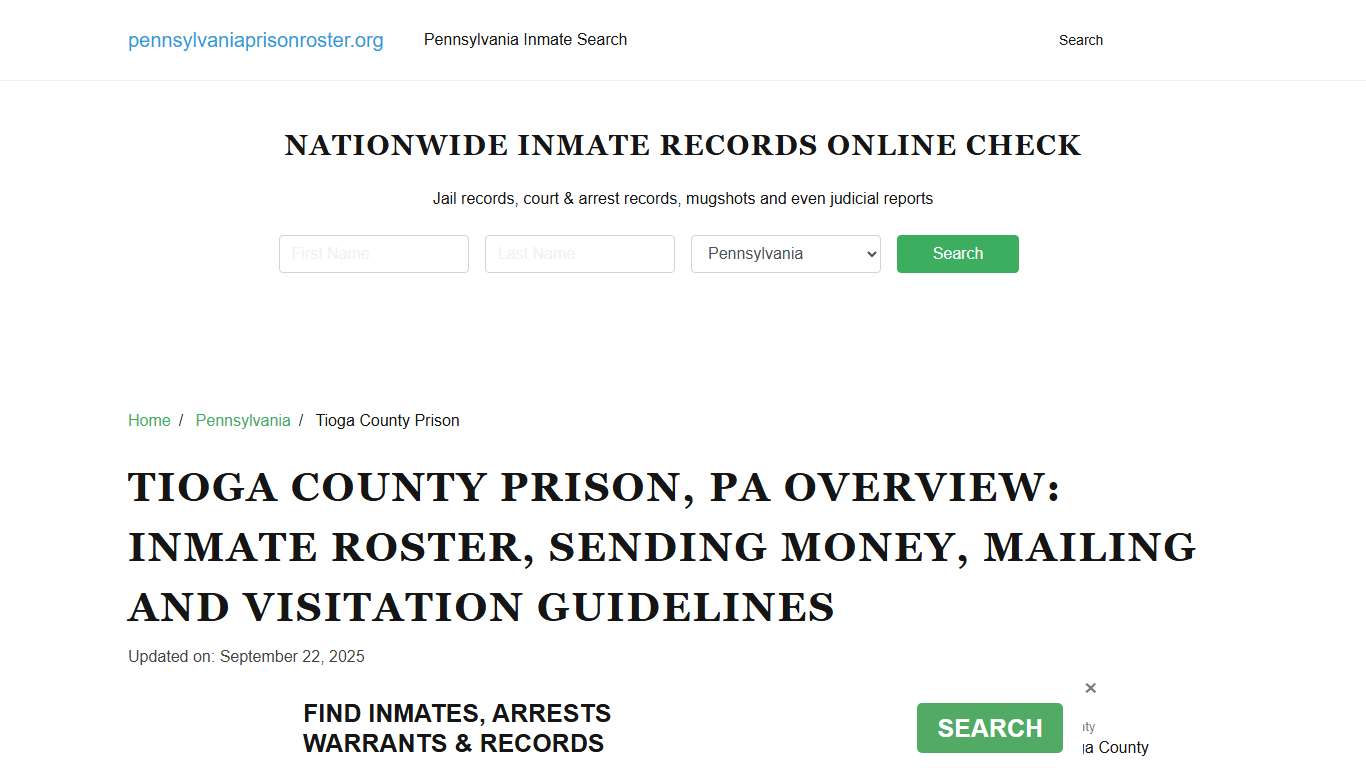Tioga County Prison, PA: Offender Search, Visitation & Contact Info
