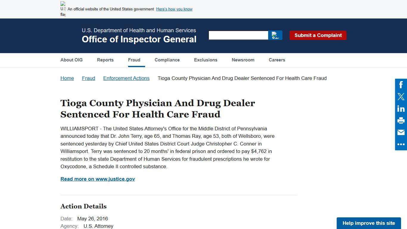 Tioga County Physician And Drug Dealer Sentenced For Health Care Fraud Office of Inspector General Government Oversight U.S. Department of Health and Human Services